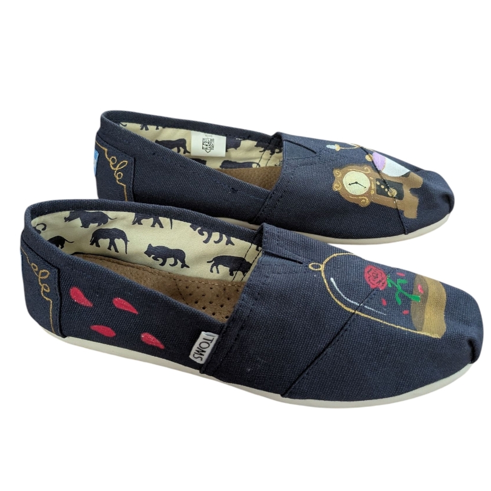 TOMS Custom Hand Painted Beauty and the Beast Navy Flats Size 7 - Picture 12 of 12
